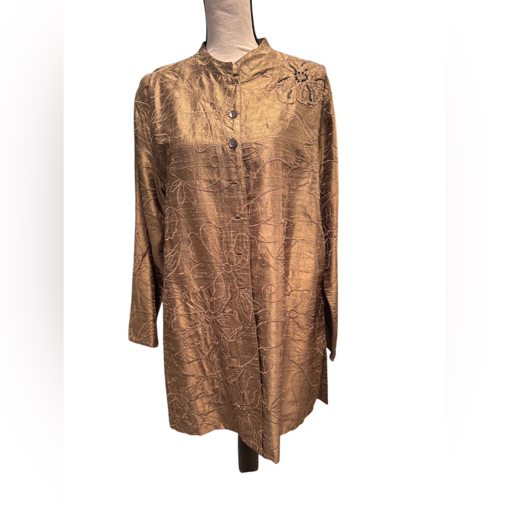 Chico’s silk floral embroidered beaded tunic top. Bronze. Size 2 (Chico’s size)